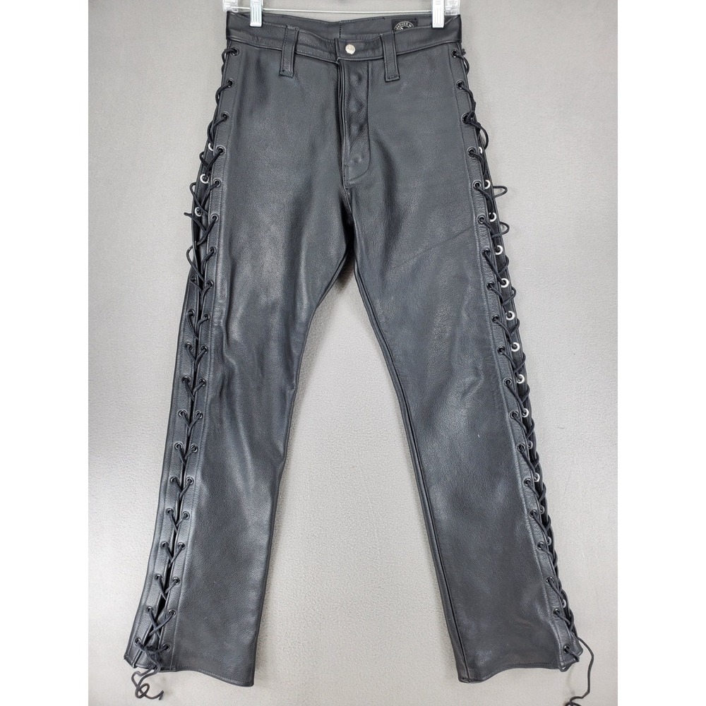 Leather Pants NYC Leather Man Apparel Lace Up Leg WAIST 27" Tag Size 30x28 Black